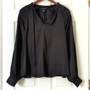 Rachel Zoe Gathered Shoulder Long Balloon Sleeve Split Neck Peasant Blouse Black